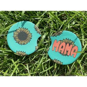 Sunflower Mama Teal Car Coaster 2 Pack